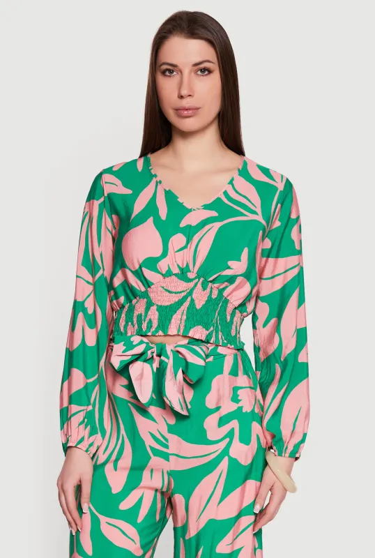 Abstract Floral Crepe Knit Cropped Smocked Waist Top made by Rainbow