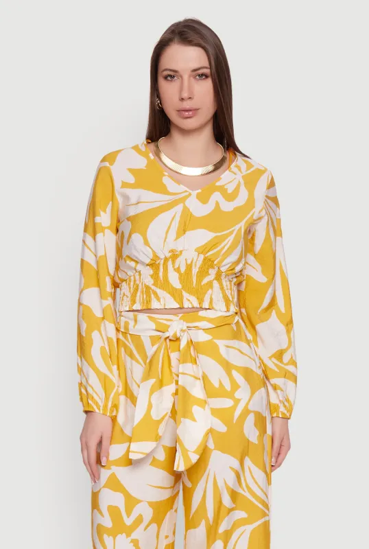 Abstract Floral Crepe Knit Cropped Smocked Waist Top made by Rainbow