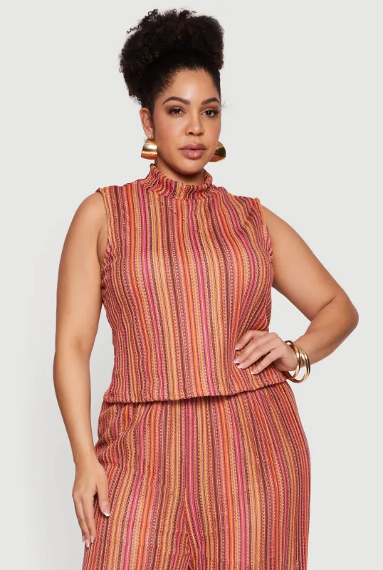 Plus Size Striped Pattern Sleeveless Mock Neck Top made by Rainbow