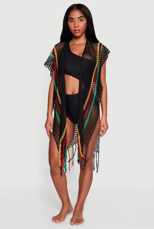Contrast Trim Crochet Open Front Cover Up Kimono made by Rainbow