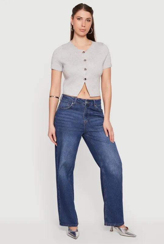 Metallic Button Front Short Sleeve Sweater made by Rainbow