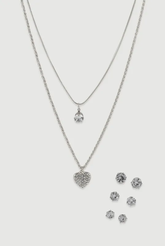 Cubic Zirconia Heart Layered Necklace and Stud Earrings Set of 4 made by Rainbow