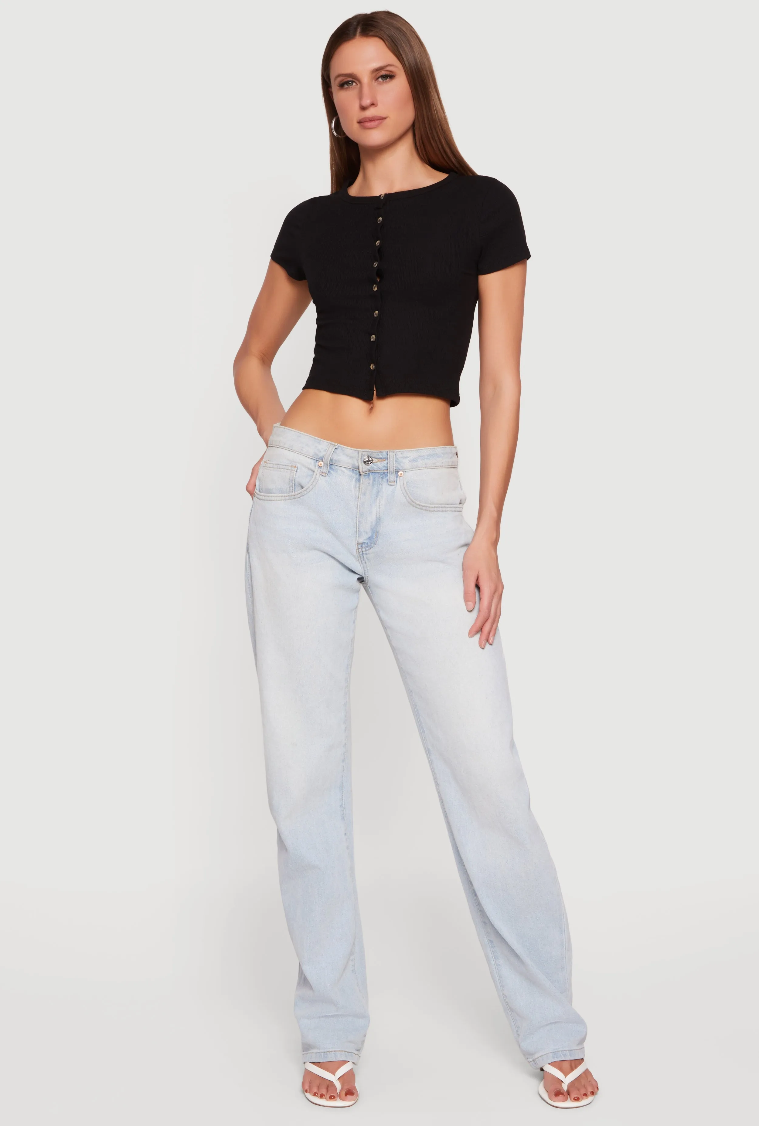 Ribbed Knit Button Front Crop Top sold by Rainbow