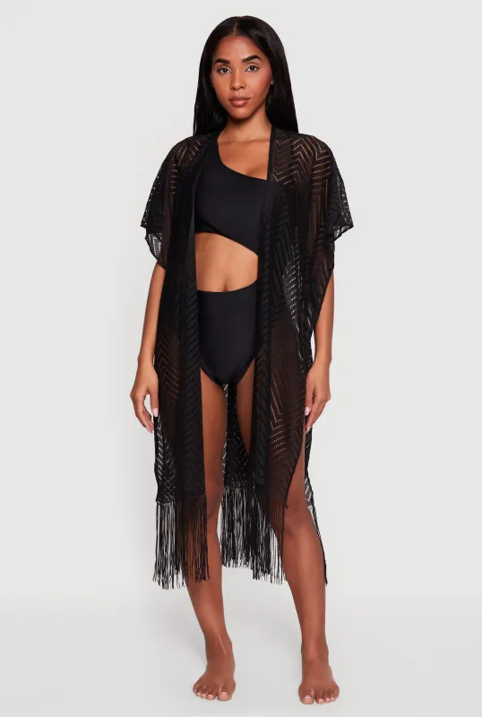 Chevron Fringe Open Front Swim Cover Up Kimono made by Rainbow