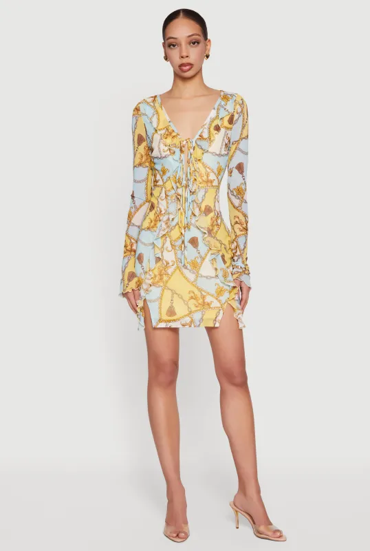 Patterned Mesh Tie Front Ruffled Mini Dress made by Rainbow