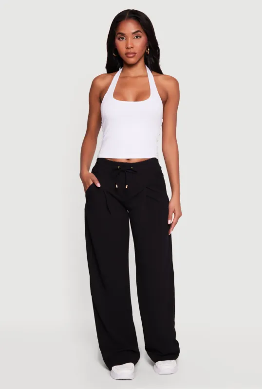 Crepe Knit Wide Leg Drawstring Waist Casual Pants made by Rainbow