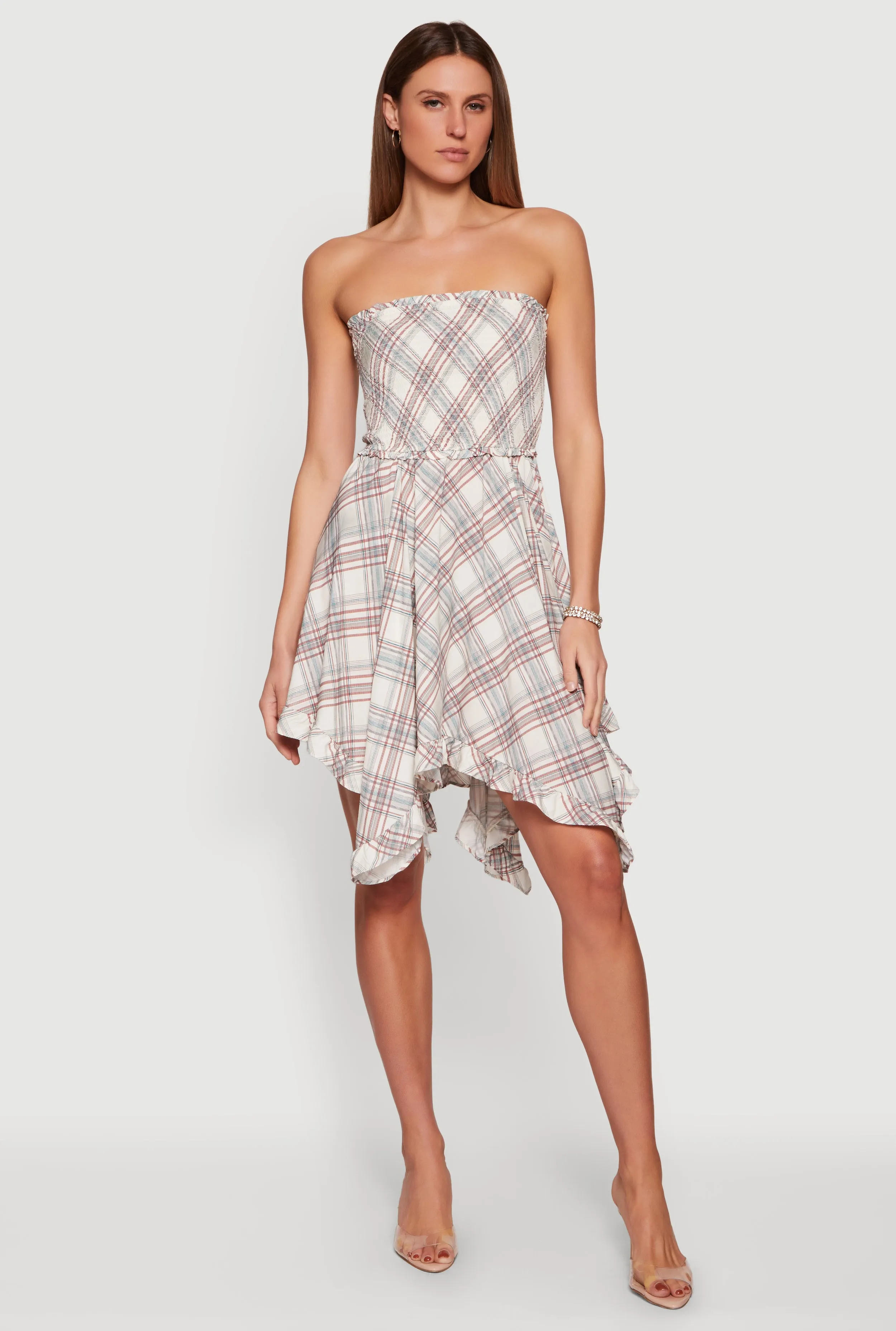 Plaid Ruffle Trim Sharkbite Hem Midi Dress sold by Rainbow