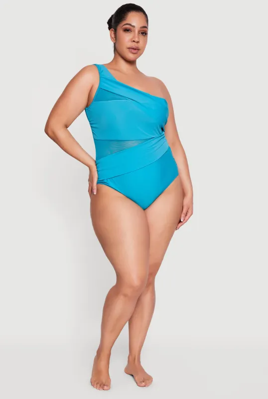 Plus Size Mesh Detail One Shoulder One Piece Swimsuit made by Rainbow
