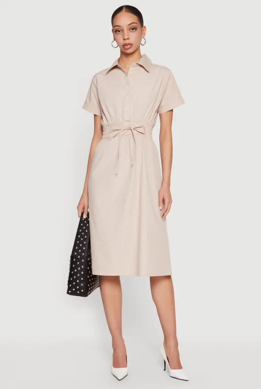 Poplin Half Button Front Drawstring Waist Shirt Dress made by Rainbow