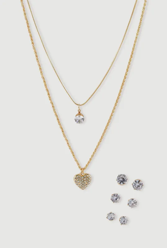 Cubic Zirconia Heart Layered Necklace and Stud Earrings Set of 4 made by Rainbow