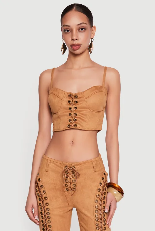 Lace Up Detail Faux Suede Bustier Top made by Rainbow