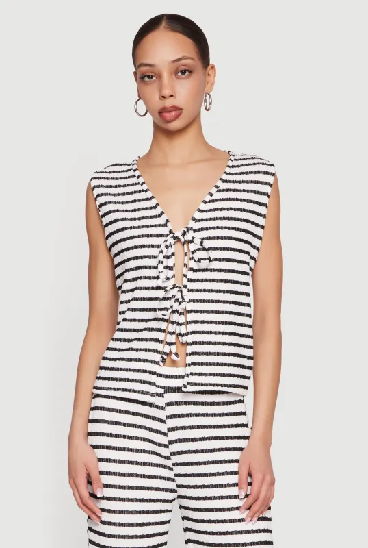 Striped Textured Knit Double Tie Front Top made by Rainbow