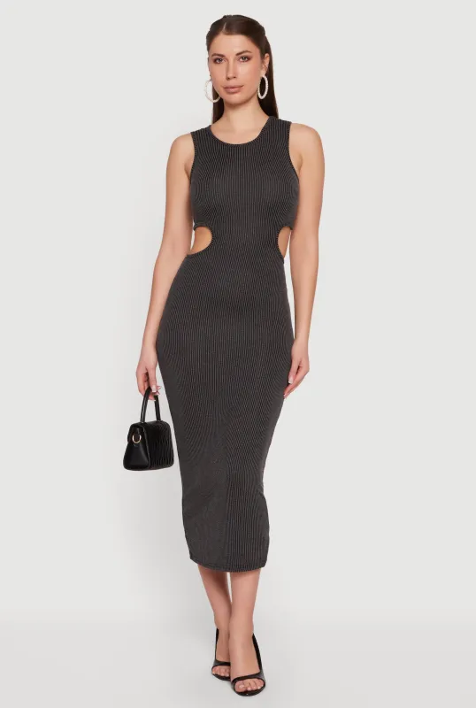 Ribbed Knit Cut Out Detail Scoop Neck Midi Dress made by Rainbow