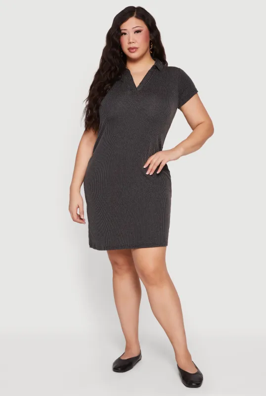 Plus Size Rib Knit Short Sleeve Mini Polo Dress made by Rainbow