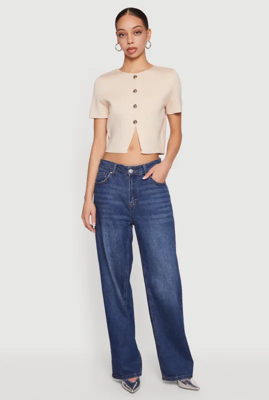 Metallic Button Front Short Sleeve Sweater made by Rainbow