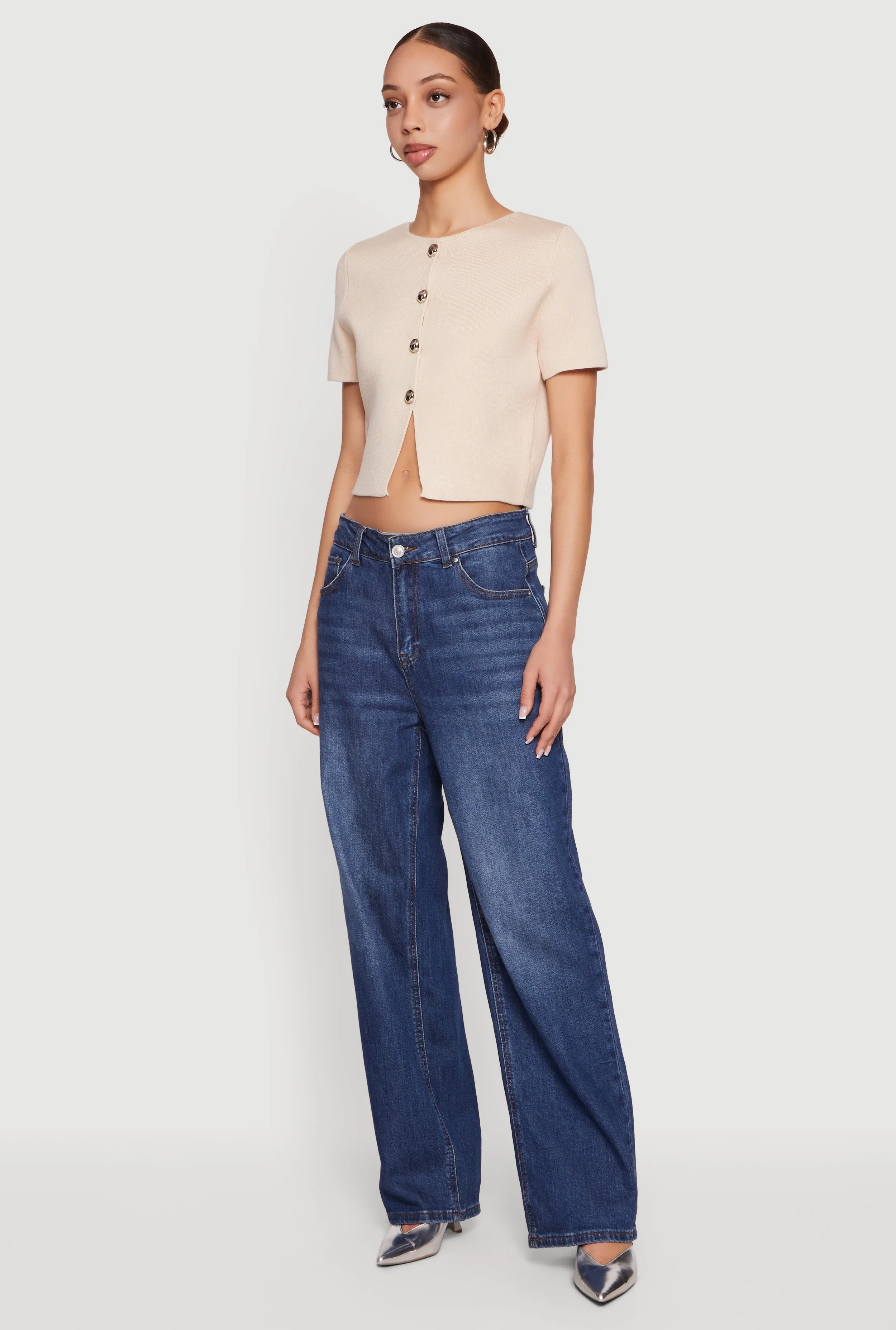 Metallic Button Front Short Sleeve Sweater sold by Rainbow product image thumbnail 3