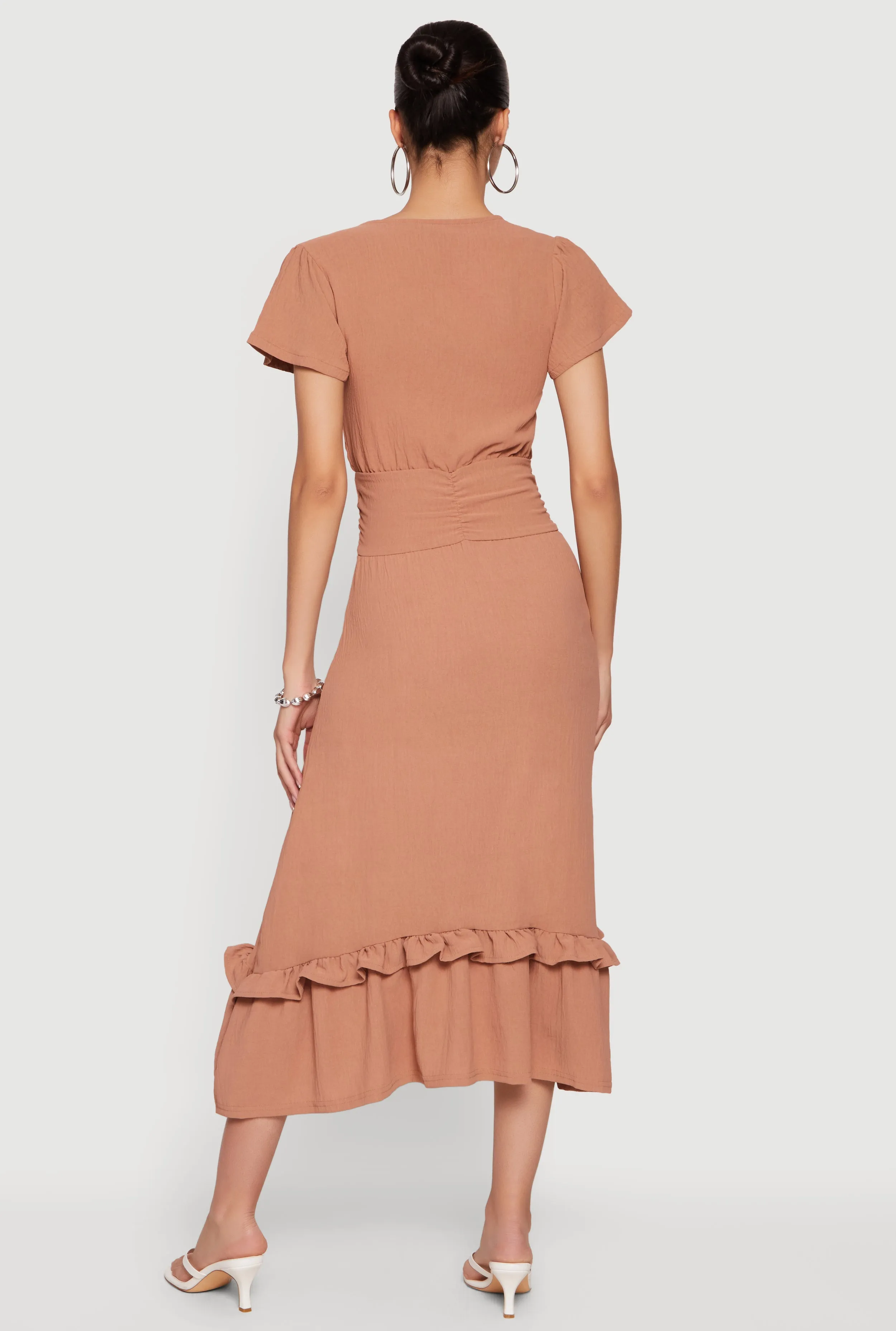 Crepe Knit Cinched Waist Ruffle Trim Midi Dress sold by Rainbow product image thumbnail 3
