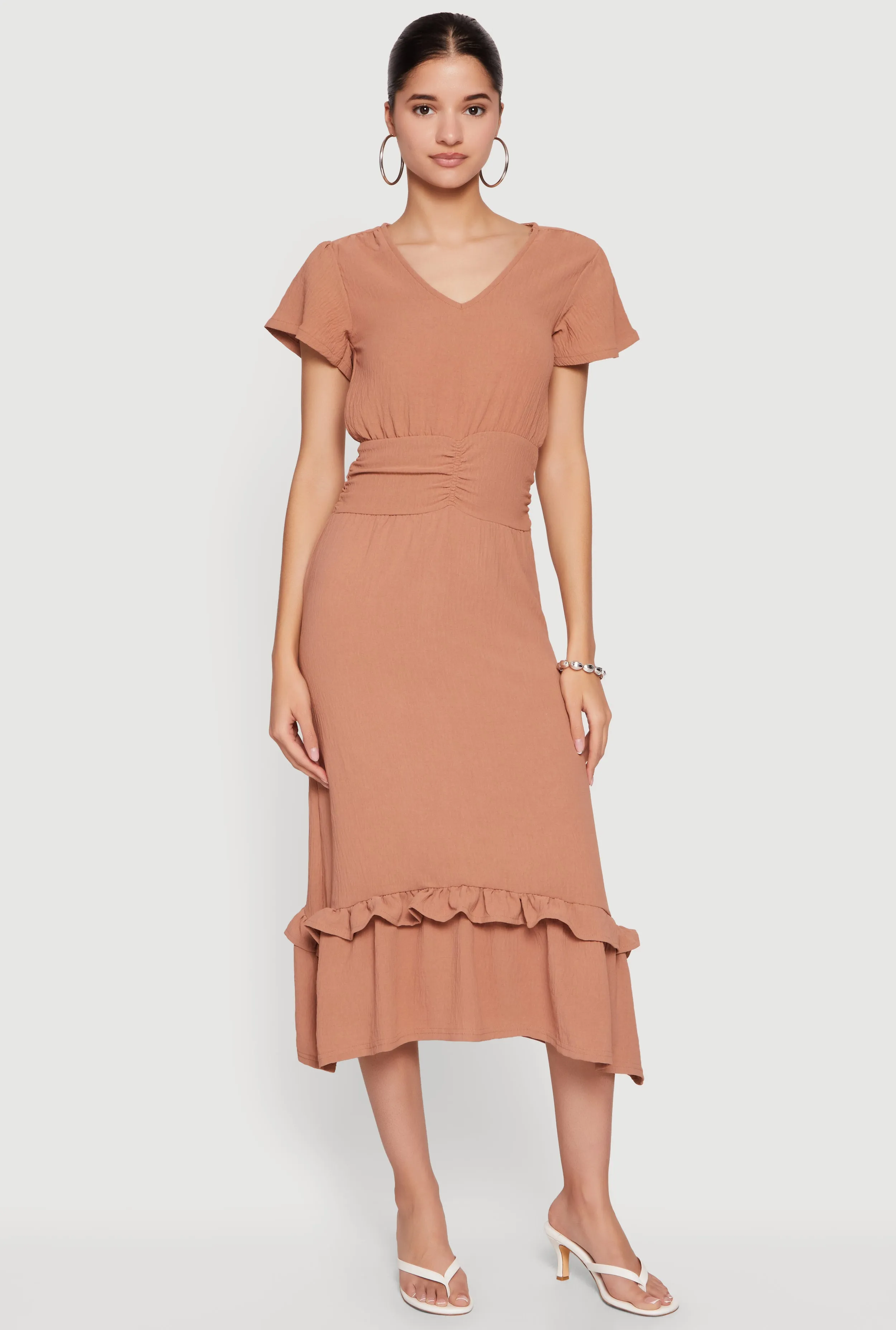Crepe Knit Cinched Waist Ruffle Trim Midi Dress sold by Rainbow