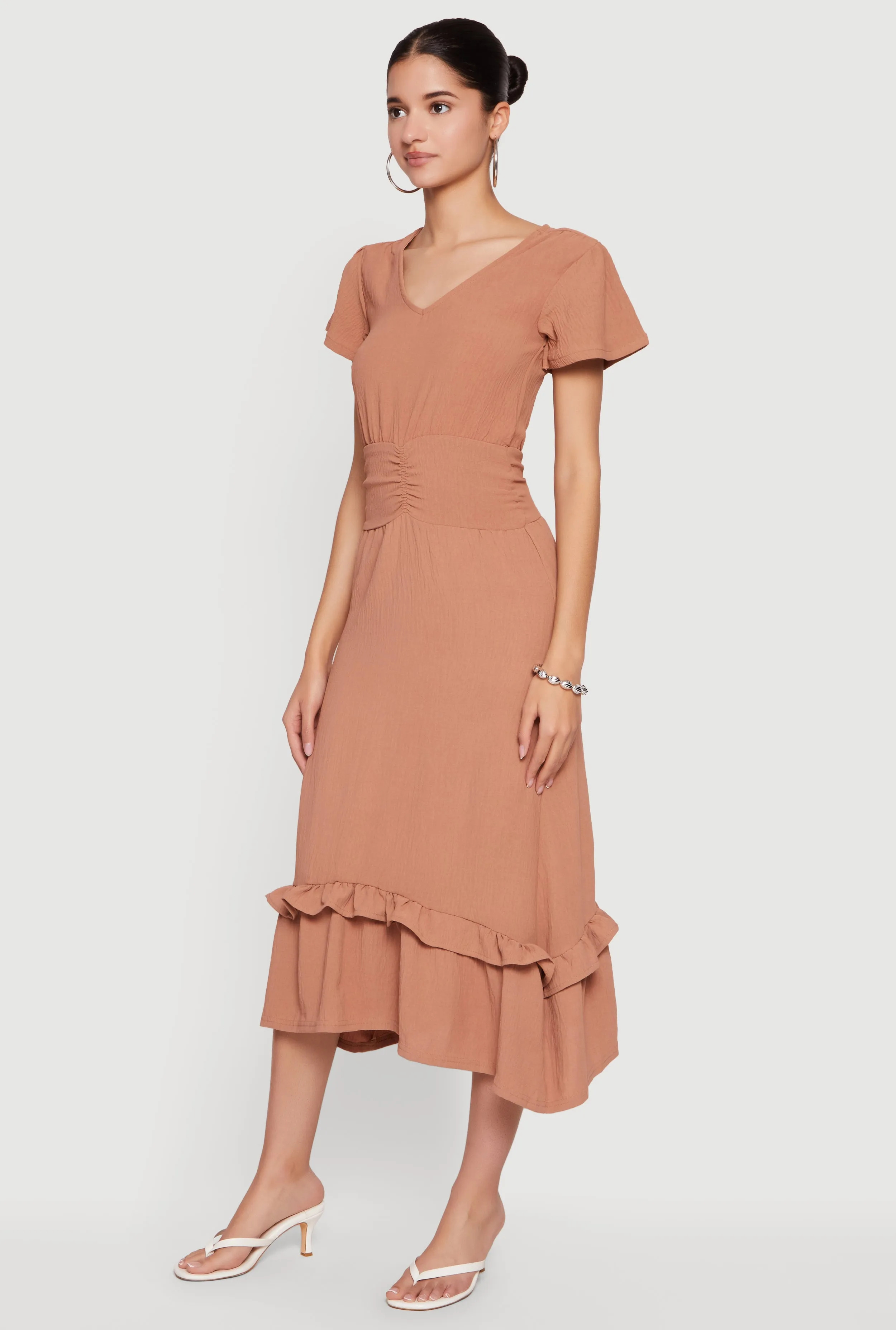 Crepe Knit Cinched Waist Ruffle Trim Midi Dress sold by Rainbow product image thumbnail 2