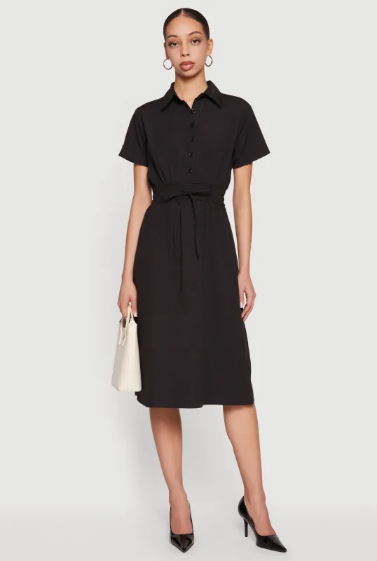 Poplin Half Button Front Drawstring Waist Shirt Dress made by Rainbow