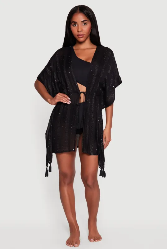 Sequin Detail Tie Front Cover Up Kimono made by Rainbow