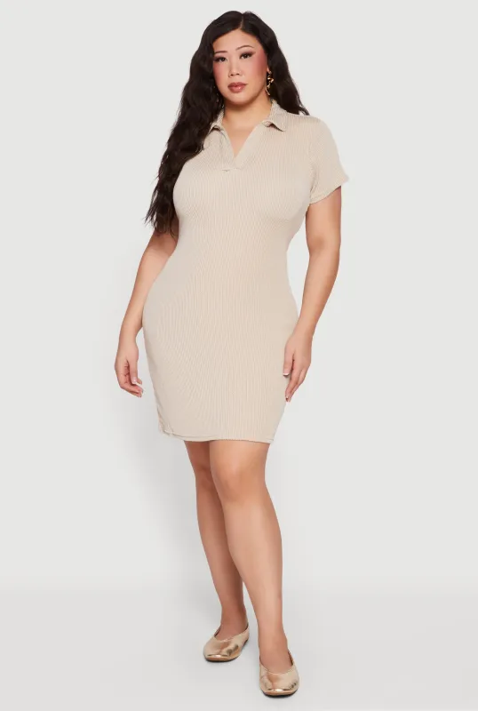 Plus Size Rib Knit Short Sleeve Mini Polo Dress made by Rainbow