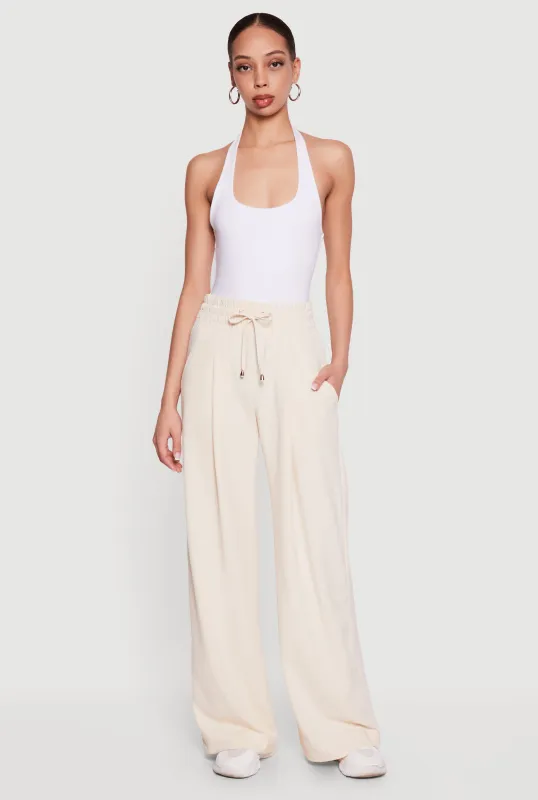 Crepe Knit Wide Leg Drawstring Waist Casual Pants made by Rainbow