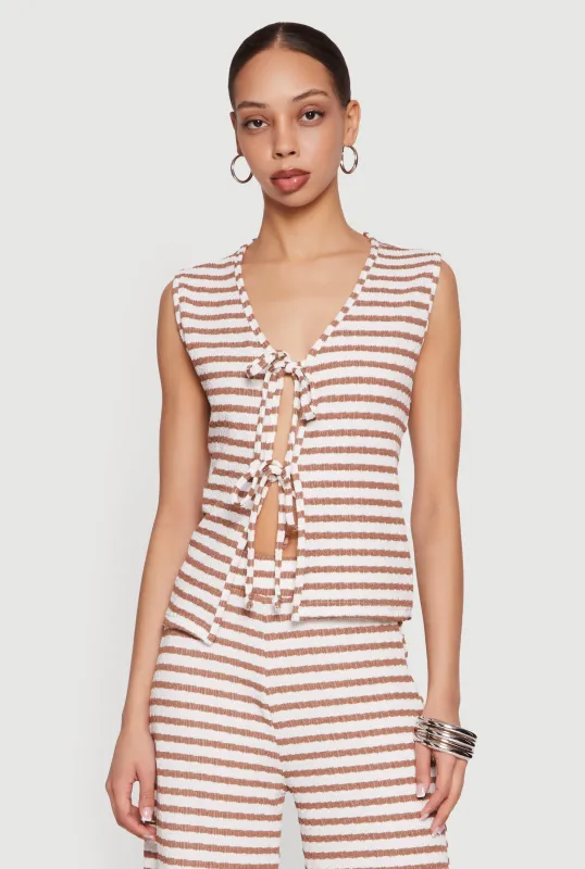 Striped Textured Knit Double Tie Front Top made by Rainbow