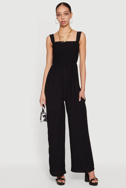 Crepe Knit Smocked Wide Leg Jumpsuit made by Rainbow