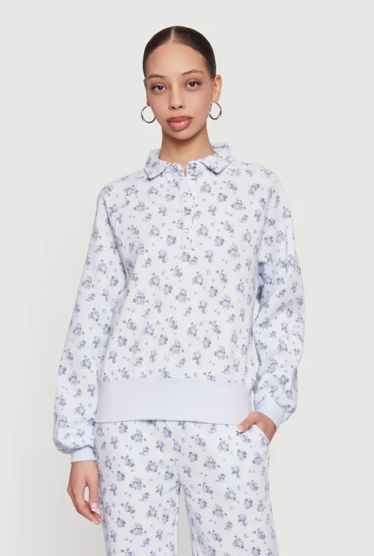 Ditsy Floral Print Raglan Sleeve Polo Sweatshirt made by Almost Famous