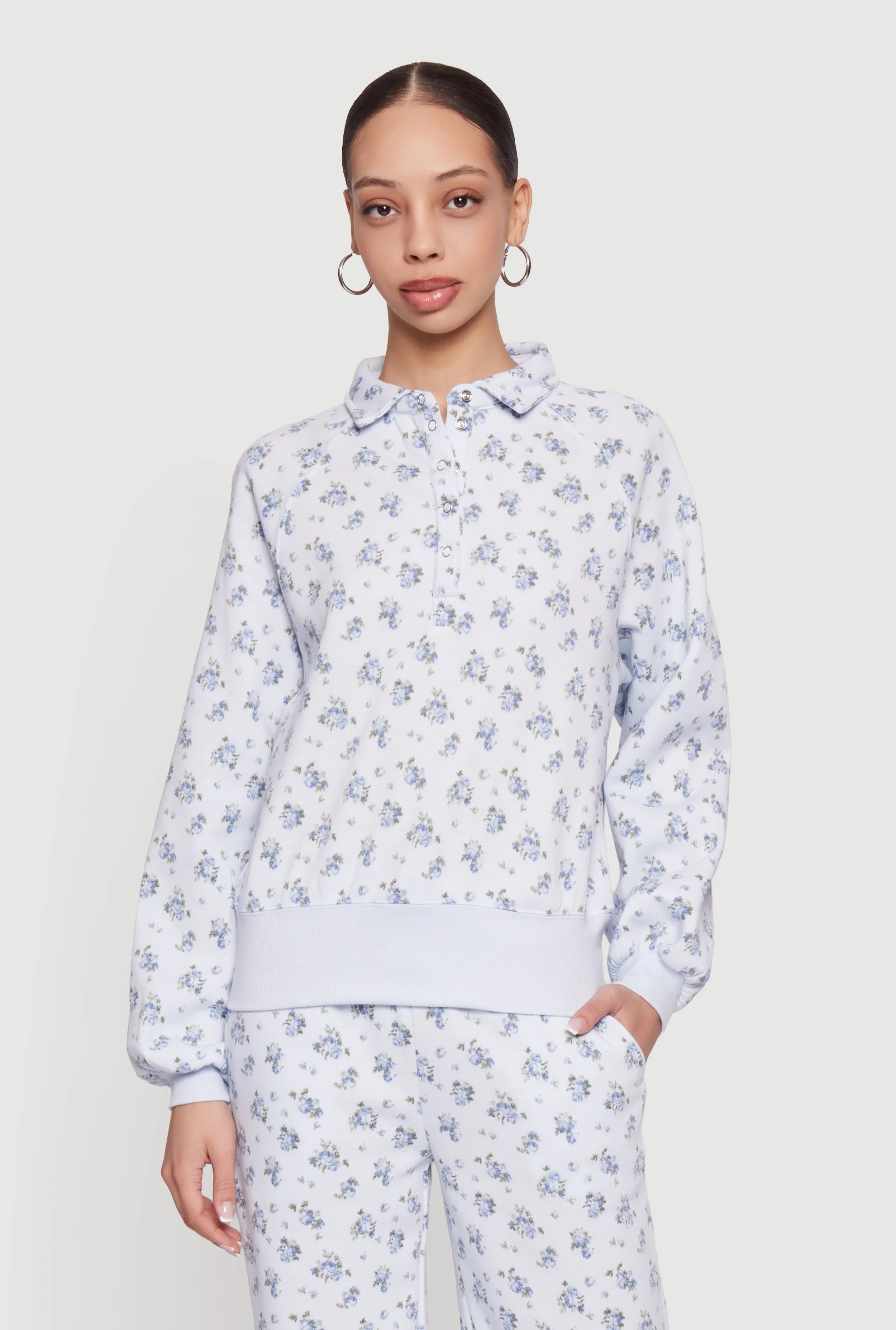 Ditsy Floral Print Raglan Sleeve Polo Sweatshirt sold by Rainbow