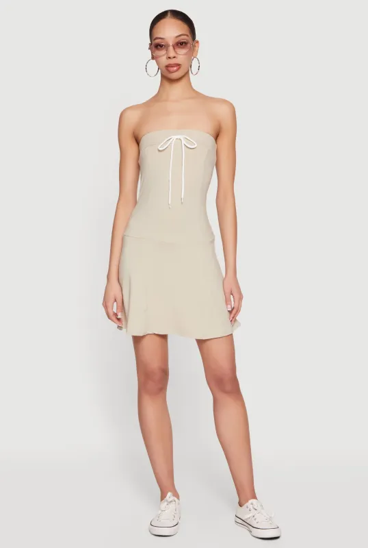 Faux Drawstring Tie Front Strapless Mini Dress made by Rainbow