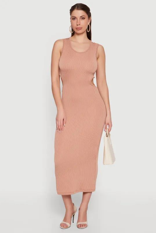 Ribbed Knit Cut Out Detail Scoop Neck Midi Dress made by Rainbow