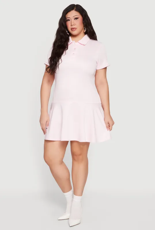 Plus Size Solid Short Sleeve Polo Skater Dress made by Rainbow