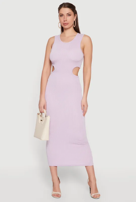 Ribbed Knit Cut Out Detail Scoop Neck Midi Dress made by Rainbow