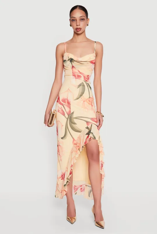 Almost Famous Floral Mesh Cowl Neck Ruffle Hem Maxi Dress made by Almost Famous