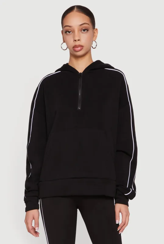 Fleece Quarter Zip Hoodie with Contrast Piping made by Rainbow