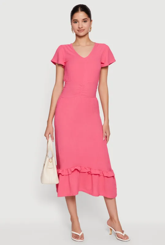 Crepe Knit Cinched Waist Ruffle Trim Midi Dress made by Rainbow