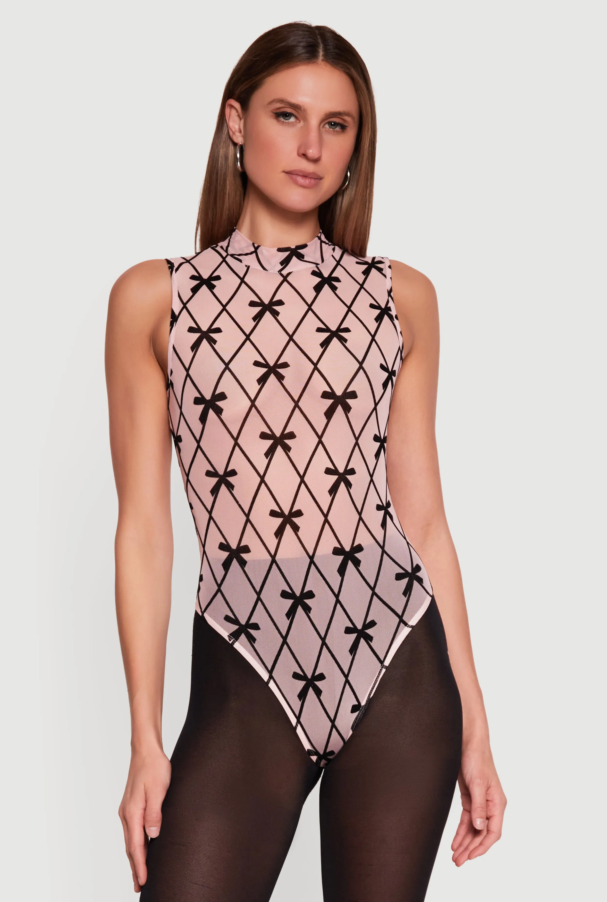 Bow Patterned Velvet Burnout Sleeveless Mock Neck Bodysuit sold by Rainbow product image thumbnail 2