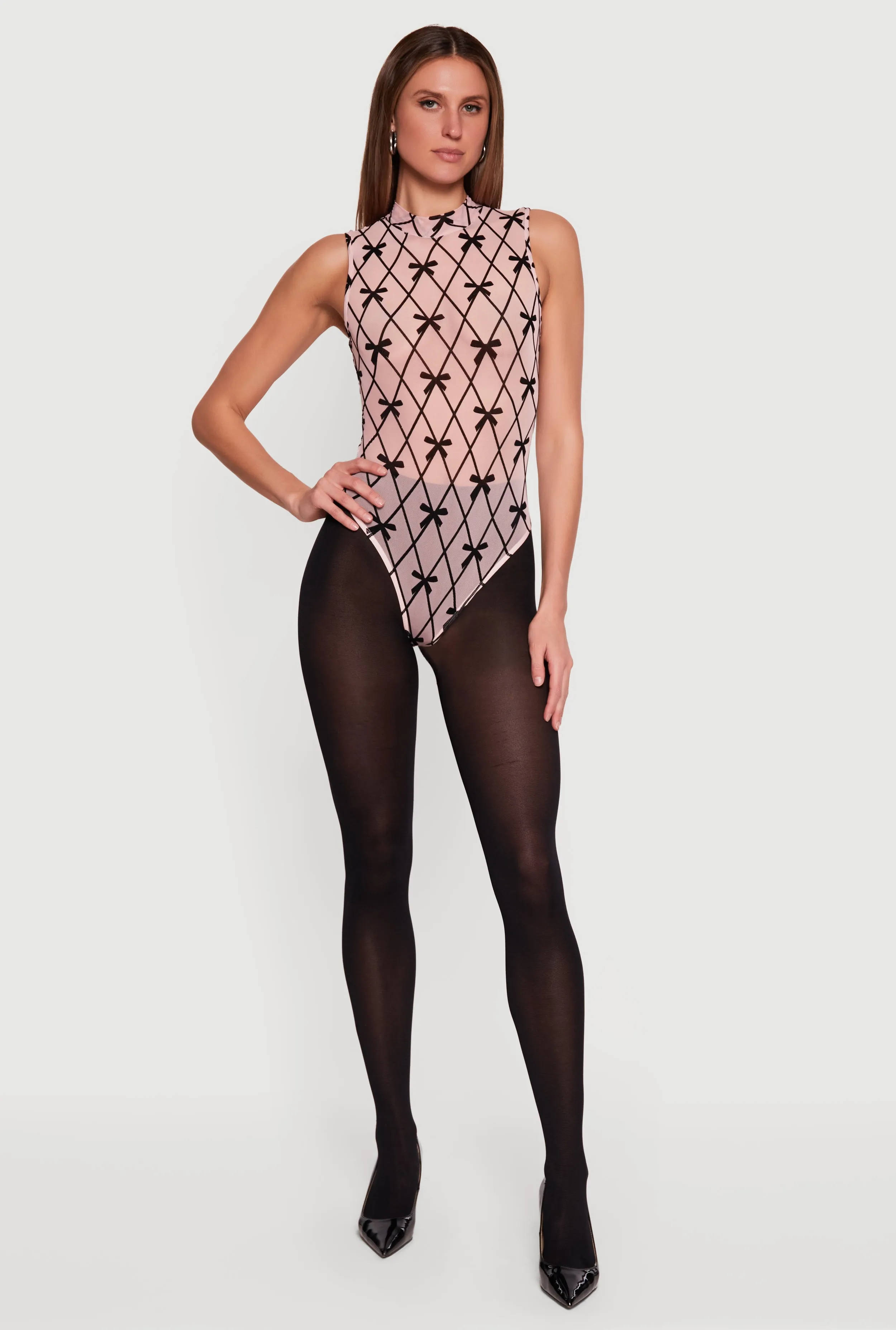 Bow Patterned Velvet Burnout Sleeveless Mock Neck Bodysuit sold by Rainbow