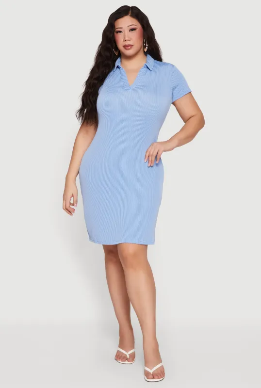 Plus Size Rib Knit Short Sleeve Mini Polo Dress made by Rainbow