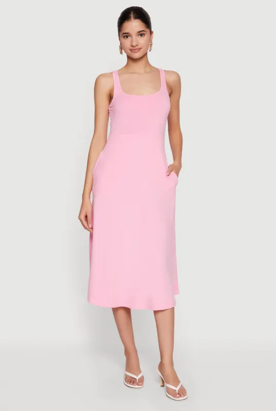 Scoop Neck Side Pocket Fit and Flare Midi Dress made by Rainbow