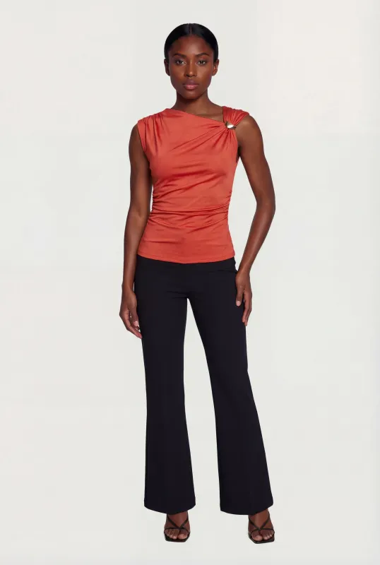 Asymmetrical Neckline Ruched Blouse with Metallic Detail made by Haute Monde