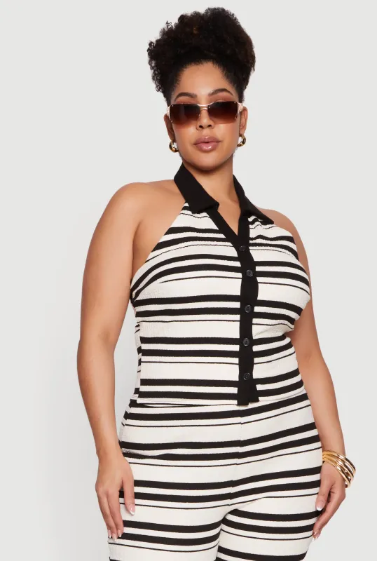 Plus Size Striped Button Front Halter Top made by Rainbow
