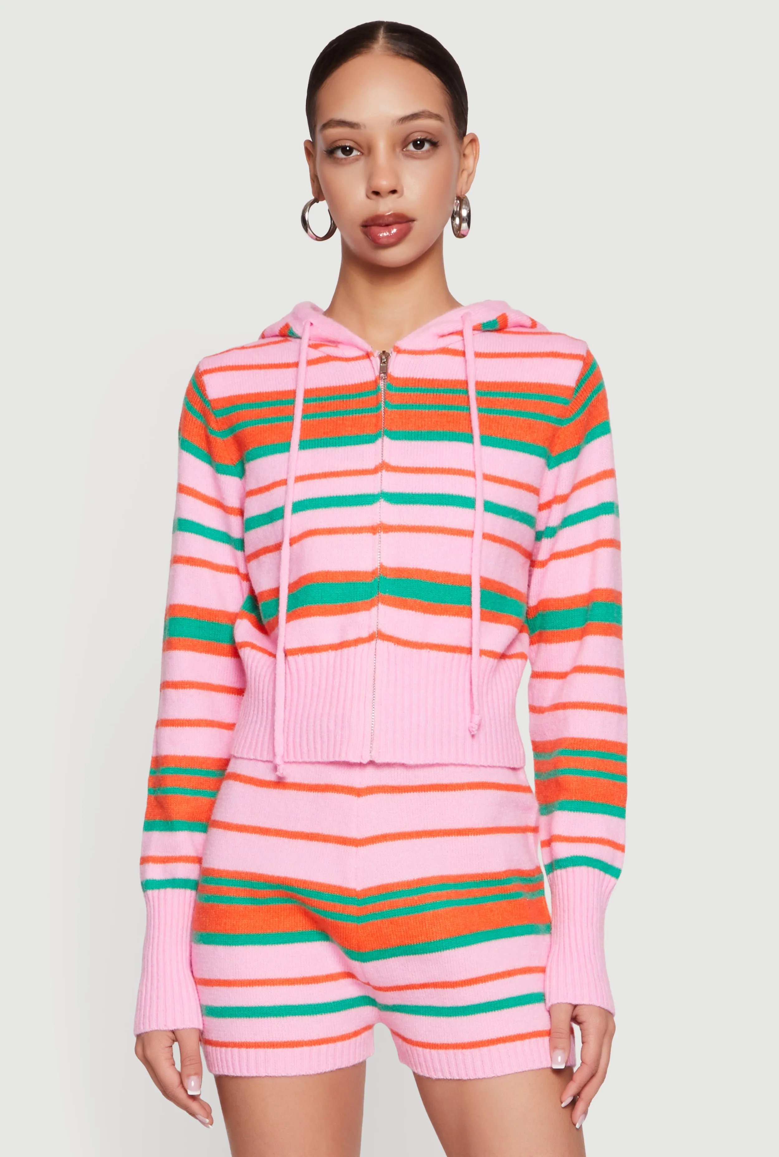 Striped Zip Front Hooded Sweater sold by Rainbow