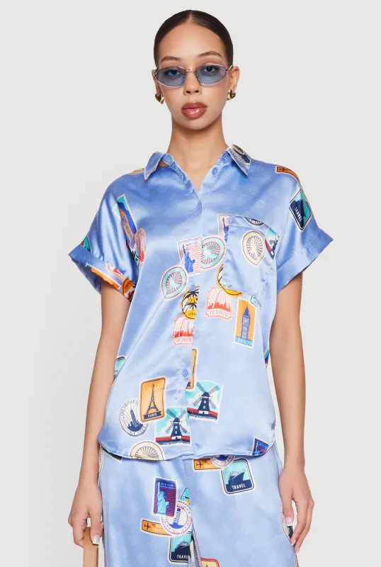 Travel Print Satin Button Front Shirt made by Rainbow