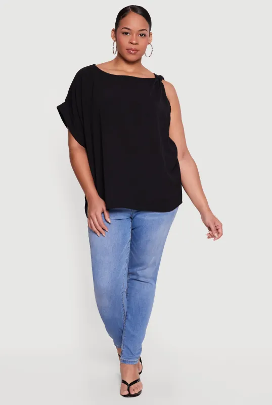 Plus Size Crepe Knit Knot Strap Asymmetrical Top made by Rainbow