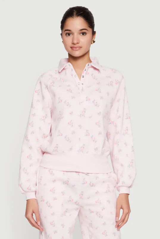 Ditsy Floral Print Raglan Sleeve Polo Sweatshirt made by Almost Famous
