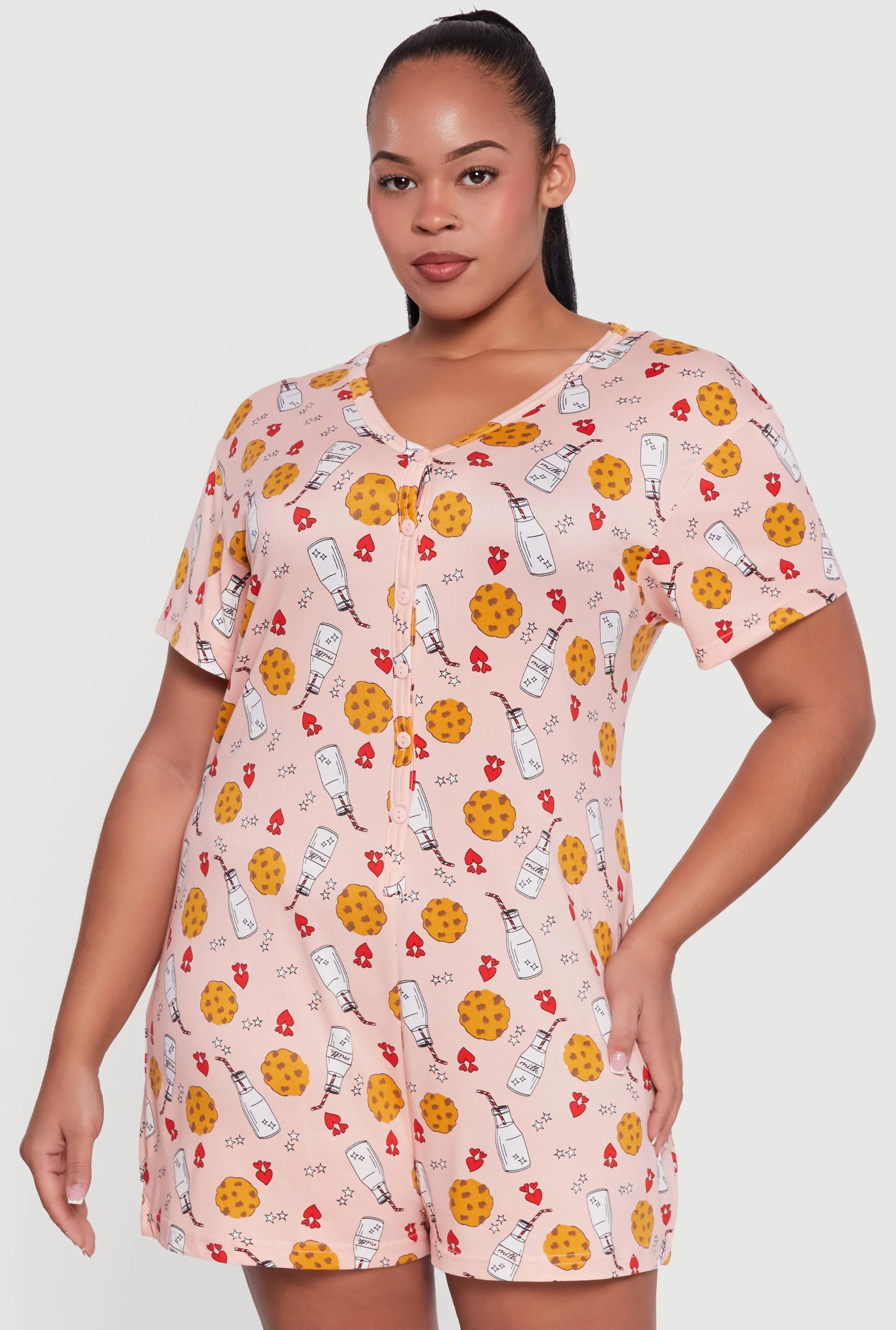 Plus Size Looking Like A Snack Graphic Pajama Romper sold by Rainbow