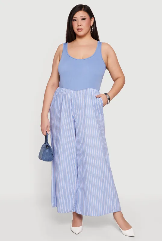 Plus Size Sleeveless Striped Ribbed Knit Jumpsuit made by Rainbow